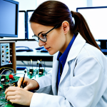 **

"A female engineer in a clean, modern electronics lab, fully clothed in a lab coat and safety glasses, soldering a circuit board. Background shows various electronic components and equipment.  Safe for work, appropriate content, professional setting, perfect anatomy, correct proportions, well-formed hands, natural pose, high quality, professional."

**