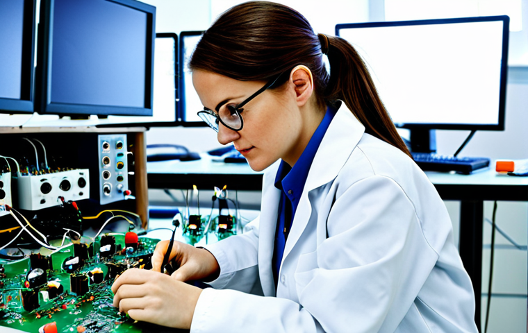 **
"A female engineer in a clean, modern electronics lab, fully clothed in a lab coat and safety glasses, soldering a circuit board. Background shows various electronic components and equipment. Safe for work, appropriate content, professional setting, perfect anatomy, correct proportions, well-formed hands, natural pose, high quality, professional."
**