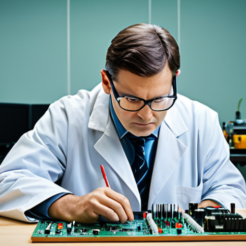 Home 15 ** A fully clothed electronic technician, wearing a professional lab coat and safety glasses, working on a circuit board at a workbench, surrounded by electronic tools and equipment, appropriate attire, safe for work, perfect anatomy, correct proportions, professional setting, well-lit, family-friendly.
**