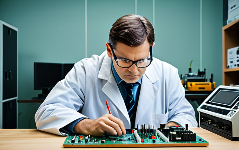 ** A fully clothed electronic technician, wearing a professional lab coat and safety glasses, working on a circuit board at a workbench, surrounded by electronic tools and equipment, appropriate attire, safe for work, perfect anatomy, correct proportions, professional setting, well-lit, family-friendly.
**