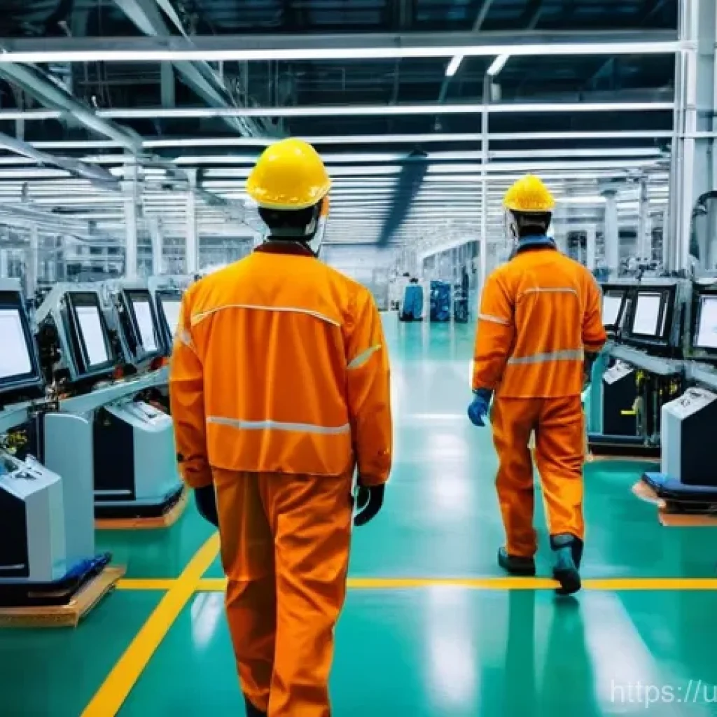 전자기술사와 자동화 설비 관리 경험 - **Prompt:** "A brightly lit, futuristic smart factory floor at dusk. The scene features diverse adul...