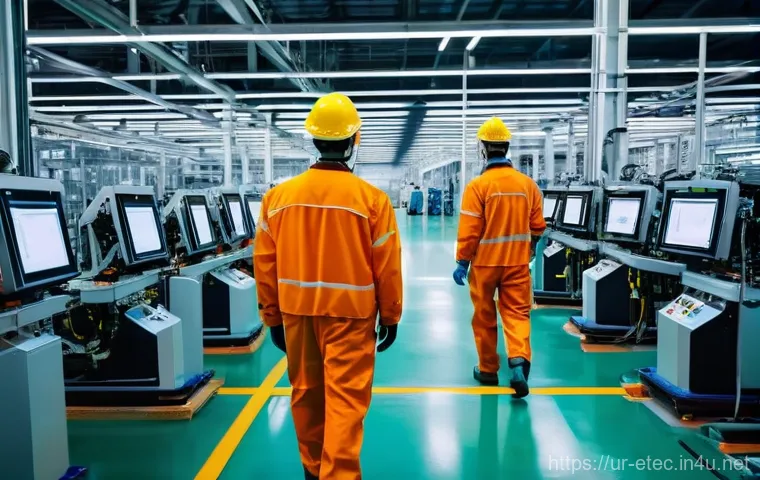 전자기술사와 자동화 설비 관리 경험 - **Prompt:** "A brightly lit, futuristic smart factory floor at dusk. The scene features diverse adul...