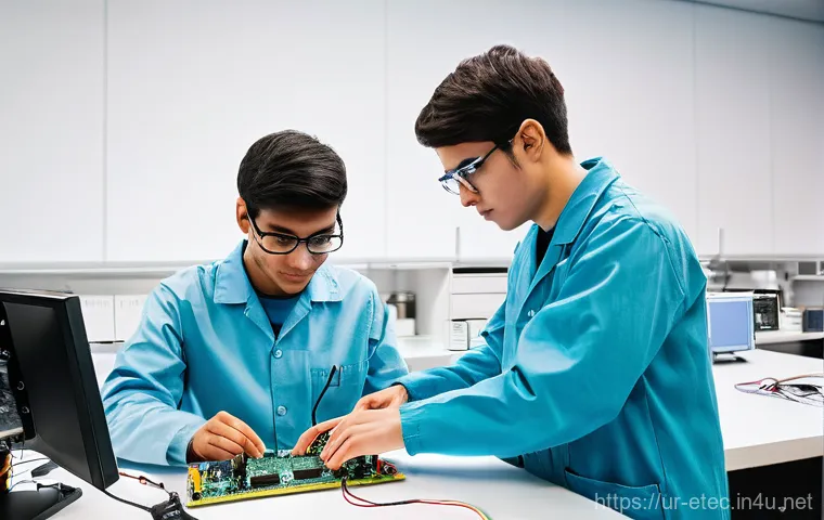 전자기술사와 실무 중심 문제 해결 사례 - A group of enthusiastic young electronics engineers, diverse in background and dressed in profession...