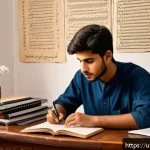 Home 21 전자기술사와 시험 준비의 성공 사례 분석 - A focused young Pakistani electronics engineering student studying at a traditional wooden desk in a...