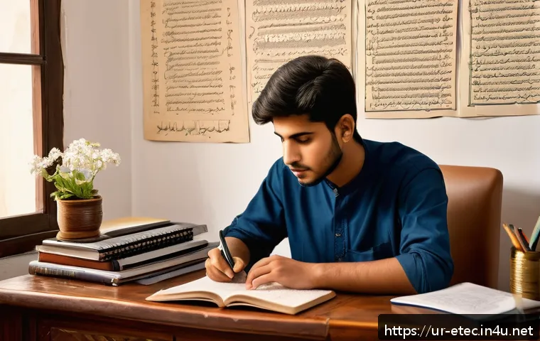 전자기술사와 시험 준비의 성공 사례 분석 - A focused young Pakistani electronics engineering student studying at a traditional wooden desk in a...