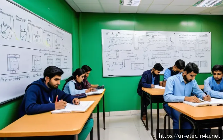 전자기술사 실기시험 문제 유형 분석 - A detailed classroom scene in a Pakistani engineering college, showing a diverse group of Urdu-speak...