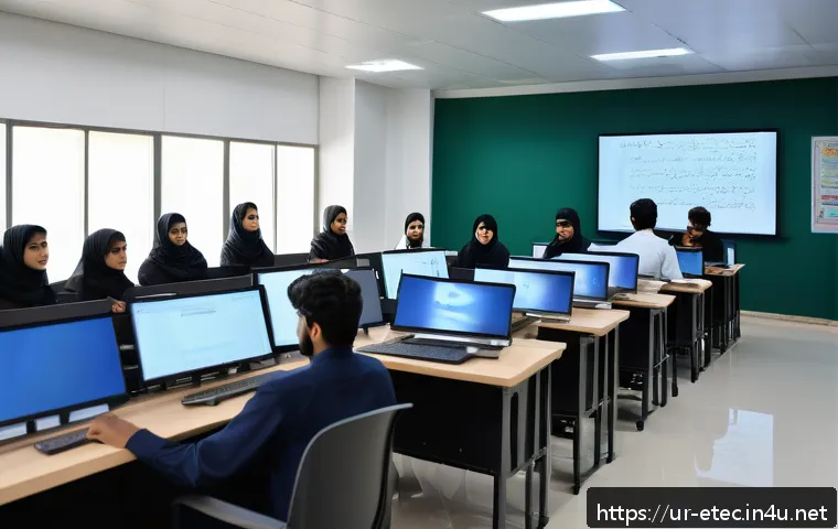 전자기술사와 자격 취득 동기 부여 사례 - A modern university classroom setting in Pakistan, showing a diverse group of graduate students enga...