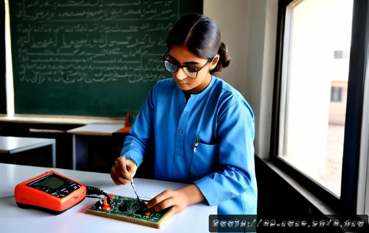전자기술사 실기시험에서 발생할 수 있는 실수 - Photorealistic electronics practical examination scene in a Pakistani technical institute, a focused...